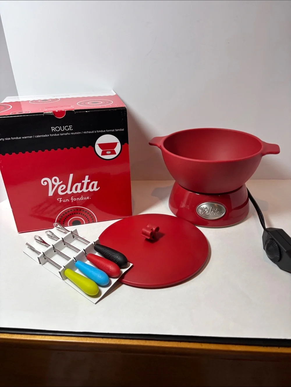 Red Electric Fondue Set with Colorful Forks